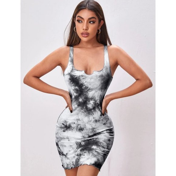 Notch Neck Ribbed Tie Dye Mini Bodycon Summer Dress Size Large - Picture 1 of 14